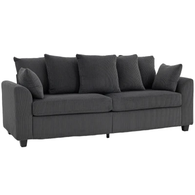 HOMCOM Corduroy Couch, 3 Seater Sofa, Modern Upholstered Couch with Curved Armrests and 8 Removable Pillows, Dark Grey