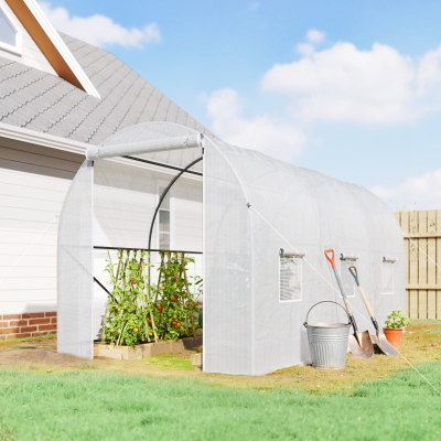 Outsunny 11.5x6.6x6.6ft Walk-in Tunnel Greenhouse Portable Garden Plant Growing Warm House with Door and Ventilation Window, White