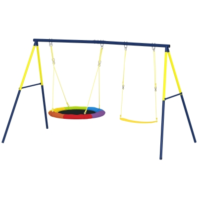 Qaba Kids Swing Set with Double Swings, Outdoor Playset with Adjustable Ropes, Metal Frame for Ages 3-8, 150kg Capacity