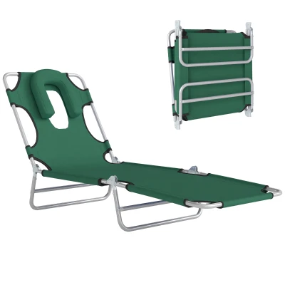 Outsunny Folding Lounge Chair Outdoor, Tanning Chair with Face Hole Arm Slots, Beach Chaise Lounger with Pillow, 5-Position Adjustable Portable Sun Lounger Bed for Pool, Green