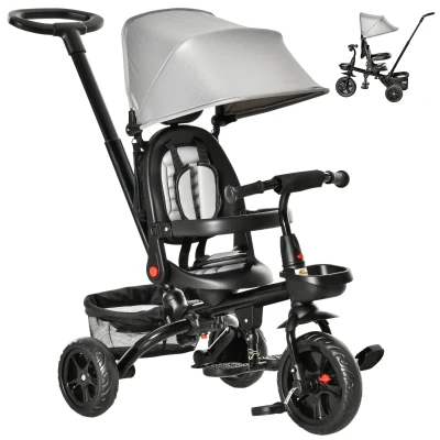 Qaba Tricycle for Toddler 4 in 1 Kids Trike, Foldable Converts Stroller to Toddler Bike, Adjustable Backrest & Curved Canopy, Detachable Guardrail & Handle for 1-5 Years Old, Grey