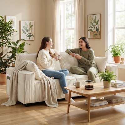 HOMCOM 86" 3 Seater Sofa, Modern Corduroy Upholstered Couch, Beige