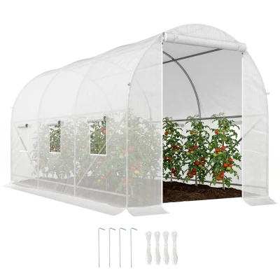 Outsunny 11.5x6.6x6.6ft Walk-in Tunnel Greenhouse Portable Garden Plant Growing Warm House with Door and Ventilation Window, White