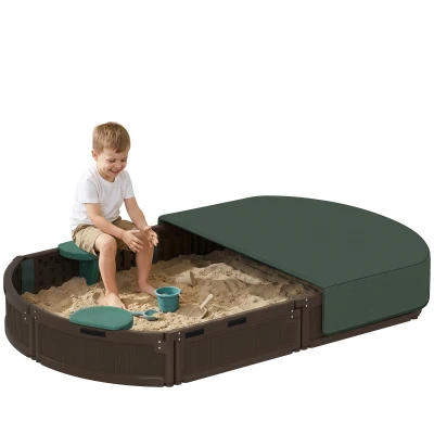 Outsunny Kids Sandbox with Cover, Seat, Sandbox Outdoor for Backyard, Brown
