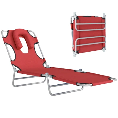 Outsunny Folding Lounge Chair Outdoor, Tanning Chair with Face Hole Arm Slots, Beach Chaise Lounger with Pillow, 5-Position Adjustable Portable Sun Lounger Bed for Pool, Red