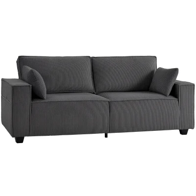 HOMCOM 86" 3 Seater Sofa, Modern Corduroy Upholstered Couch, Dark Grey