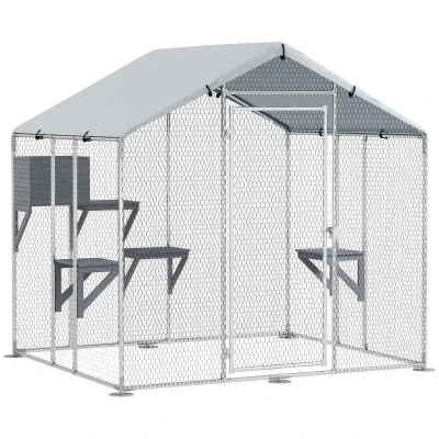 PawHut 79" Extra Large Metal Outdoor Catio with Waterproof Cover, Resting Box, 4 Platforms, for Multiple Rabbits, Chicken