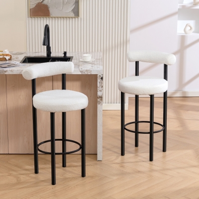 HOMCOM Bar Stools Set of 2, Sherpa Upholstered Barstools with Backrest, Bar Height Stools with Footrest for Kitchen Island