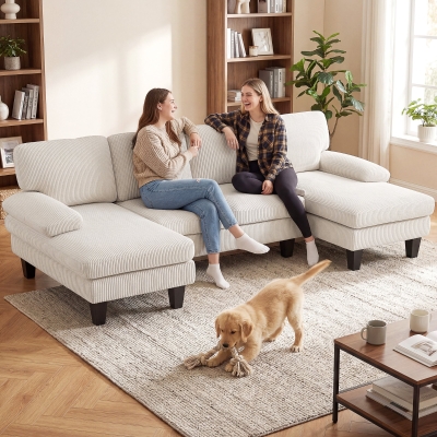 HOMCOM Sectional Sofa, U Shaped Couch with Double Chaise, Pillow-top Armrests and Spring Cushions, 2200lb Capacity, Beige