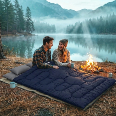 Outsunny Double Sleeping Bag for Adults, Queen Size 2 Person Sleeping Bag with 2 Pillows, for Cold Weather & Warm, Blue