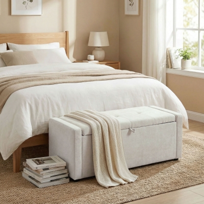 HOMCOM Storage Ottoman Bench, Linen-Look Fabric Upholstered Ottoman with Storage, Wide Padded Seat, Cream White