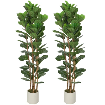 HOMCOM 6FT Artificial Fiddle Leaf Fig Tree Set of 2, Fake Potted Tree with Solid Wood Trunks for Indoor Decor, Green