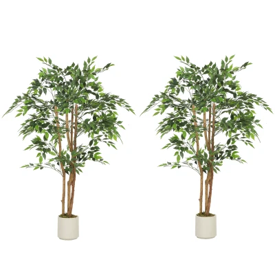 HOMCOM 5FT Artificial Banyan Tree Set of 2, Fake Potted Tree with Solid Wood Trunk and Pot for Indoor