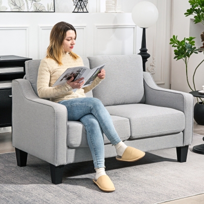 HOMCOM Loveseat Sofa, Modern Couch with Pocket Spring, Linen Upholstered, Thick Padded, Light Grey