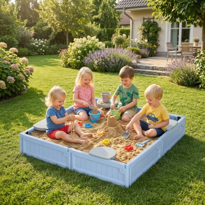 Outsunny Kids Outdoor Sandbox with Canopy, Bottom Fabric Liner, Light Blue