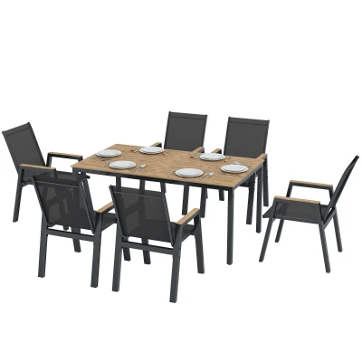 Outsunny 7 Piece Outdoor Dining Set, Rectangle Patio Table and 6 Mesh Chairs with Slatted Tabletop for Backyard, Deck, Garden