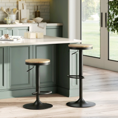 HOMCOM Wood Barstools Set of 2, Swivel Bar Stools with Adjustable Height for Kitchen Counter, Natural Wood and Black