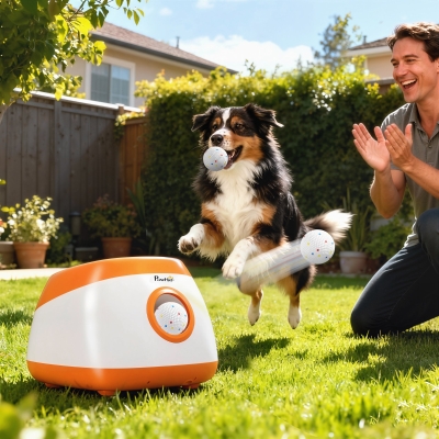 PawHut Automatic Dog Ball Launcher, Automatic Ball Launcher with 3 ETPU Balls, 26-79ft, for Medium and Large Dogs, Orange