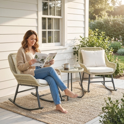 Outsunny 3 Piece Rocking Bistro Set Outdoor Patio Furniture Set with Cushions, Glass Coffee Table for Balcony, Cream White