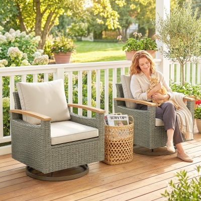 Outsunny Patio Outdoor Swivel Chairs Set of 2, PE Rattan Patio Wicker Chair with Soft Cushions, Steel Frame, Cream White