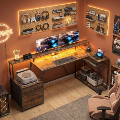 HOMCOM 76" Gaming Desk, Computer Table with RGB Lights, USB Ports, Monitor Stand and 2 Fabric Drawers, Rustic Brown