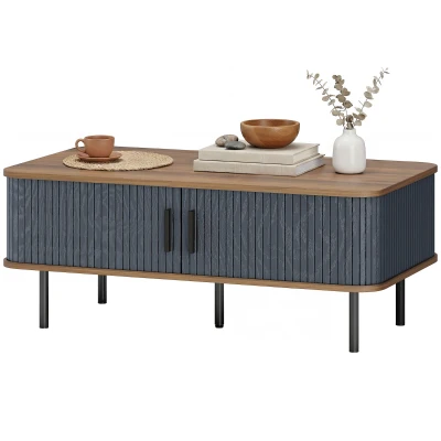 HOMCOM Nordic Side Table with Fluted Tambour Sliding Doors and Steel Legs, Coffee Table with Storage for Living Room, Black