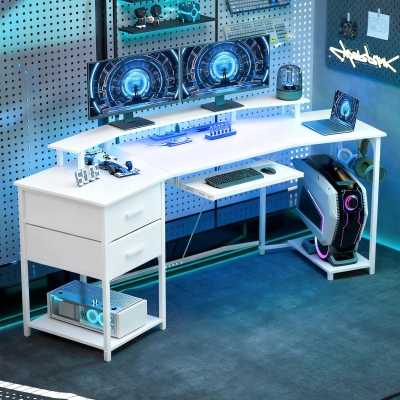 HOMCOM 79 inch Gaming Desk with RGB Lights, Computer Table with Power Outlets & USB Ports, Keyboard Tray and 2 Drawers, White