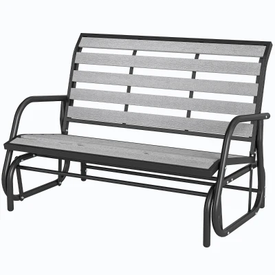 Outsunny 2 Person Outdoor Glider Bench, Patio Glider Loveseat with Faux Wood Slatted Seat and Back, Steel Frame, Grey