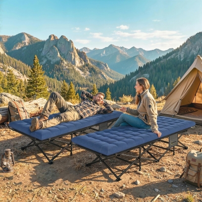 Outsunny Set of 2 Camping Cot with Soft Pad, 32" Extra Wide Folding Cots with Non-Slip Feet and Carry Bag, Blue