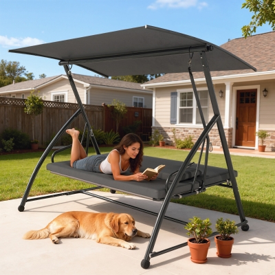 Outsunny Patio Swing Chair, 3 Person Convertible Hammock, Outdoor Swing Lounge Bed, Cushioned with Tilt Canopy, Dark Grey