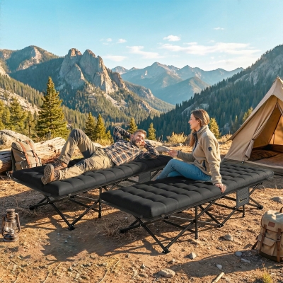 Outsunny Set of 2 Camping Cot with Soft Pad, 32" Extra Wide Folding Cots with Non-Slip Feet and Carry Bag, Black