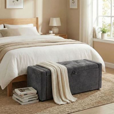 HOMCOM Storage Ottoman Bench, Linen-Look Fabric Upholstered Ottoman with Storage, Wide Padded Seat, Dark Grey