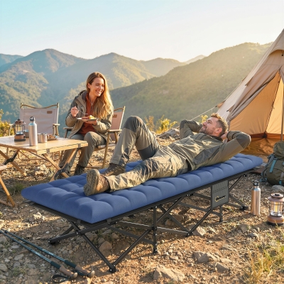 Outsunny Camping Cot with Soft Pad, 32" Extra Wide Folding Cots with Non-Slip Feet and Carry Bag, Blue