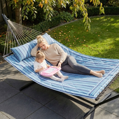 Outsunny Hammock with Stand Heavy Duty Camping Hammock with Steel Frame for Patio Backyard Blue and White