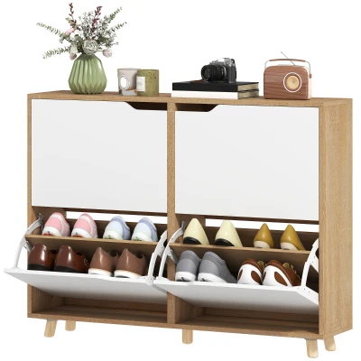 HOMCOM Narrow Shoe Cabinet, Shoe Storage Cabinet with 4 Flip Drawers and Adjustable Shelves for 16 Pairs of Shoes, White