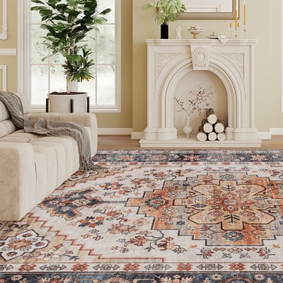 HOMCOM 4x6 Boho Area Rug, Washable Non-Slip Medallion Carpet, Brown
