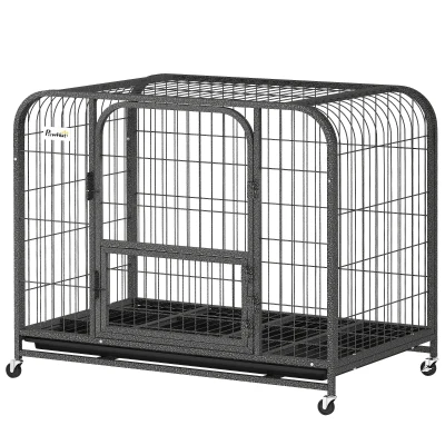 PawHut 37 Inch Heavy Duty Dog Crate, Large Metal Dog Cage with Lockable Wheels and Removable Tray
