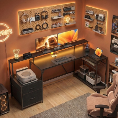 HOMCOM 76" Gaming Desk, Reversible Computer Table with RGB Lights, USB Ports, Monitor Stand and 2 Fabric Drawers, Black