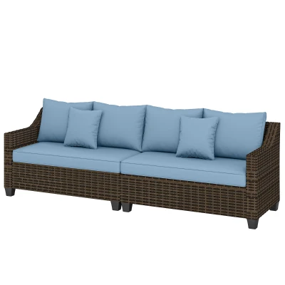 Outsunny PE Wicker Outdoor Couch Sofa, 4-Seater Modular Patio Furniture Lounge Set with 2 Loveseats, Cushions, Pillows, Blue