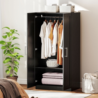 HOMCOM Wardrobe Cabinet with 2 Doors and Hanging Rod, Modern Armoire Wardrobe Closet for Bedroom, Black Wood Effect