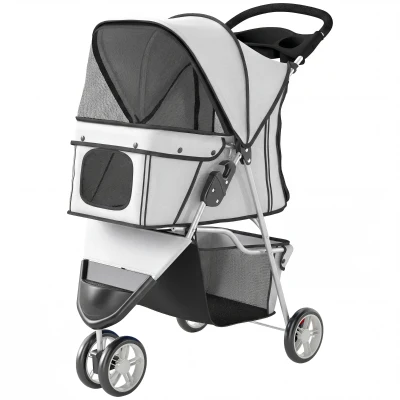 PawHut 3 Wheels Foldable Dog Stroller with Storage Basket, Adjustable Canopy, Cupholder for Miniature and Small Dogs, Grey
