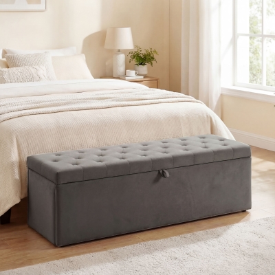HOMCOM Storage Ottoman, Upholstered Velvet End of Bed Bench, Button Tufted Storage Bench for Bedroom, Living Room, Grey