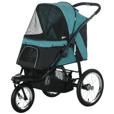 PawHut 3-Wheel Pet Stroller with Canopy & Storage, Dark Green