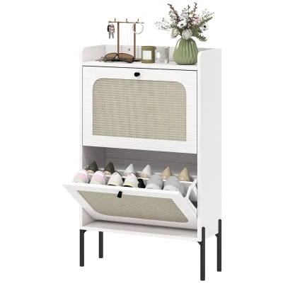 HOMCOM Shoe Cabinet with 2 Flip Drawers, Boho Narrow Shoe Storage Cabinet, White