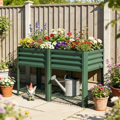 Outsunny Raised Garden Bed Steel Elevated Planter with Shelf, Green