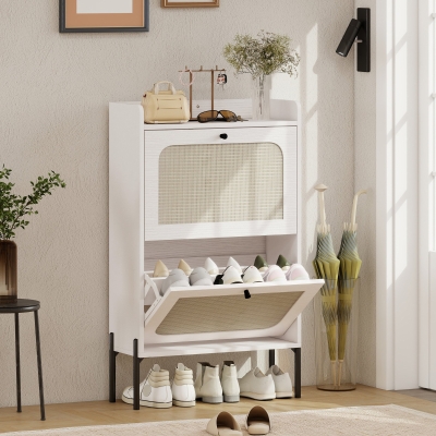 HOMCOM Shoe Cabinet with 2 Flip Drawers, Boho Narrow Shoe Storage Cabinet, White