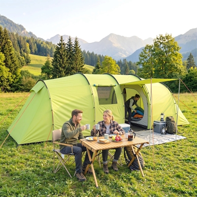 Outsunny 6 Person Camping Tent with Porch, Large Family Tent with 2 Bedroom and Living Room, Light Green