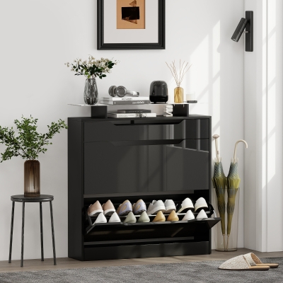 HOMCOM High Gloss Shoe Cabinet with 2 Flip Drawers and Adjustable Shelves, Narrow Shoe Storage Cabinet with Glass Top, Black