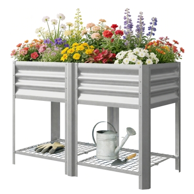 Outsunny Raised Garden Bed Galvanized Steel with Storage Shelf, Silver