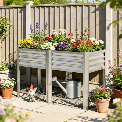 Outsunny Raised Garden Bed Galvanized Steel with Storage Shelf, Silver